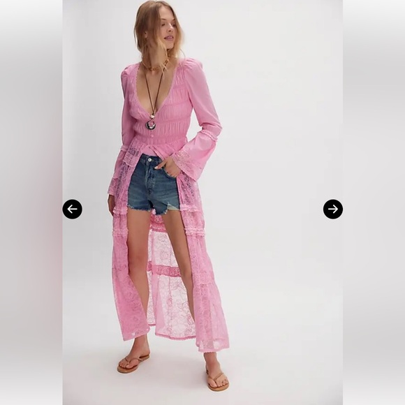 Free People Sweet Saloon Maxi Bodysuit Skirted Floral Mesh Lace BellSleeve Pink